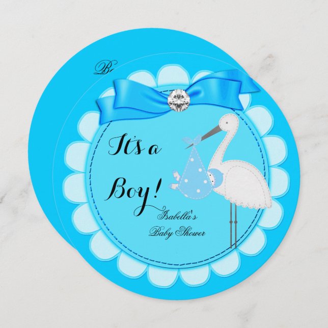 Baby Shower Boy Blue Cute Blue Boy Stork Invitation (Front/Back)