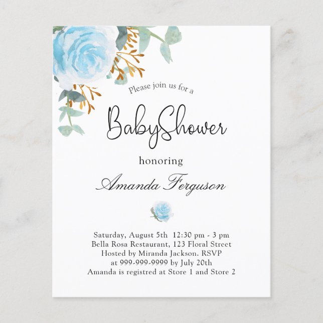 Baby Shower boy blue floral budget invitation Flyer (Front)