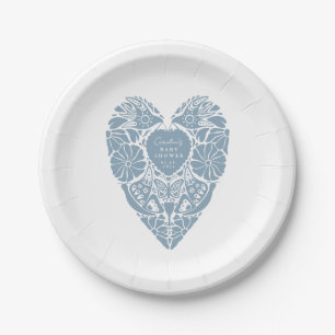 Baby shower boy blue folk flower heart Paper Plate