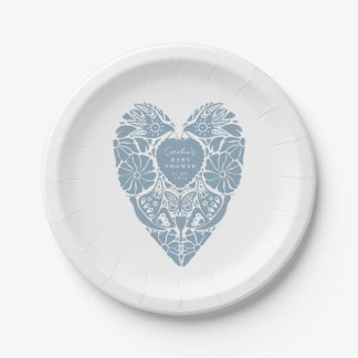 Baby shower boy blue folk flower heart Paper Plate