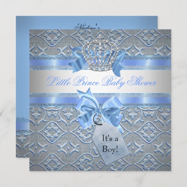 Baby Shower Boy Blue Little Prince Crown Invitation (Front/Back)