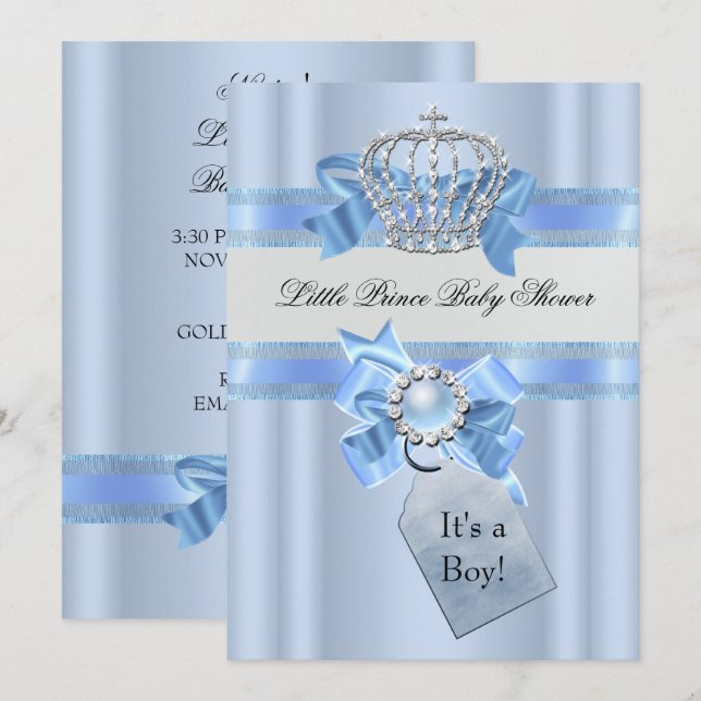 Baby Shower Boy Blue Little Prince Crown NEW Invitation (Front/Back)