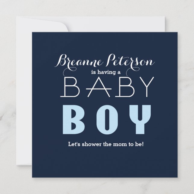 Baby Shower BOY Blue Navy Modern Clean Invitation (Front)