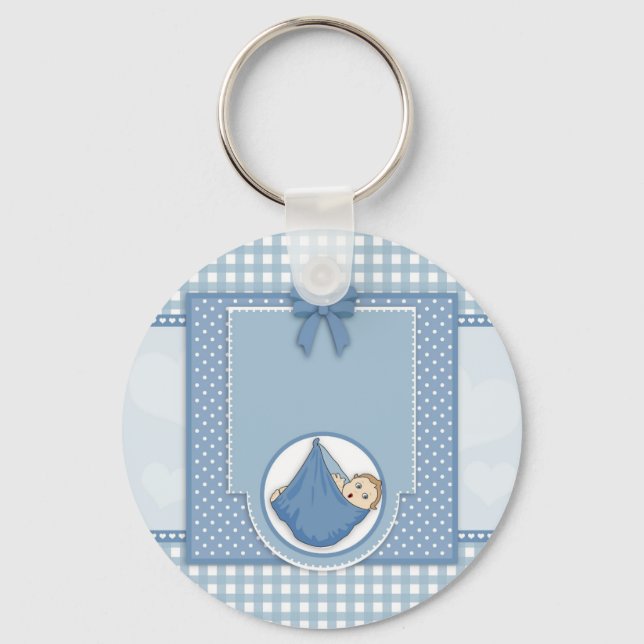 Baby Shower Boy Blue Pattern Party Nursery Art Key Ring (Front)
