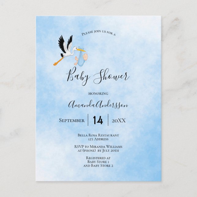 Baby shower boy blue stork invitation postcard (Front)