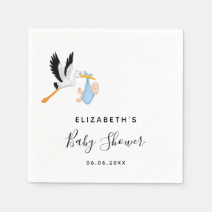 Baby shower boy blue stork name script napkin