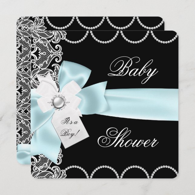 Baby Shower Boy Blue Teal Black White Lace Invitation (Front/Back)