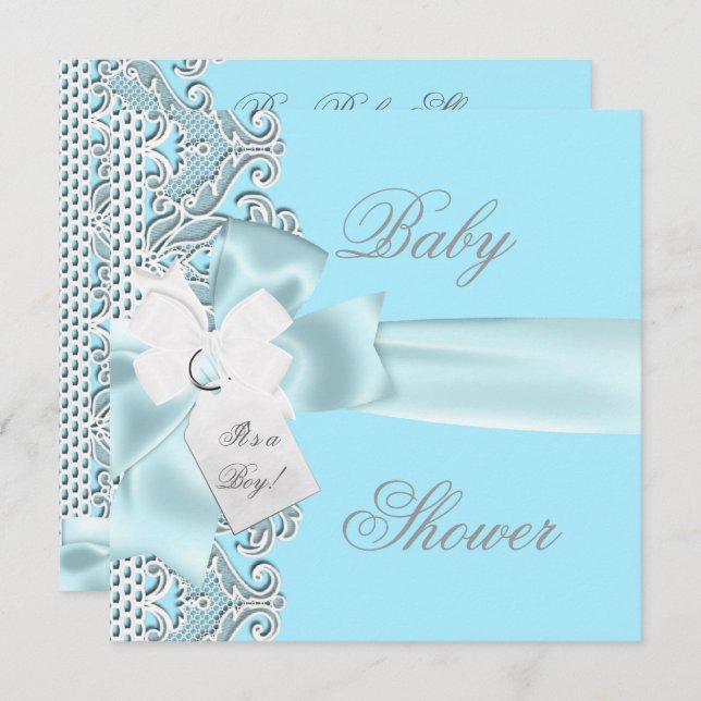 Baby Shower Boy Blue Teal Grey White Lace Invitation (Front/Back)