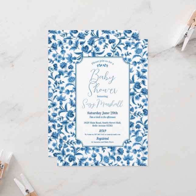 Baby Shower Boy Chintz Blue & White Floral Ditsy Invitation (Front/Back In Situ)