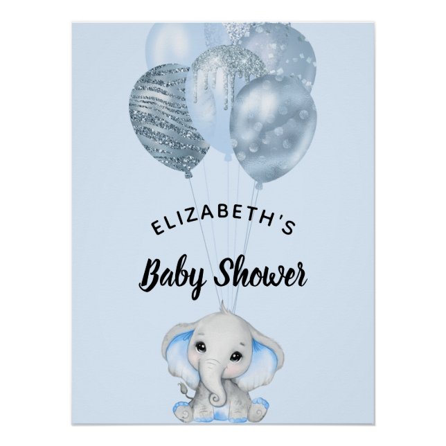Baby Shower boy elephant blue balloons Poster (Front)