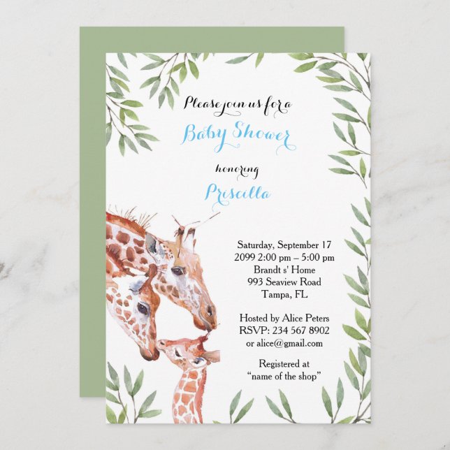 Baby Shower BOY, giraffe, white, almond, leaves Invitation (Front/Back)