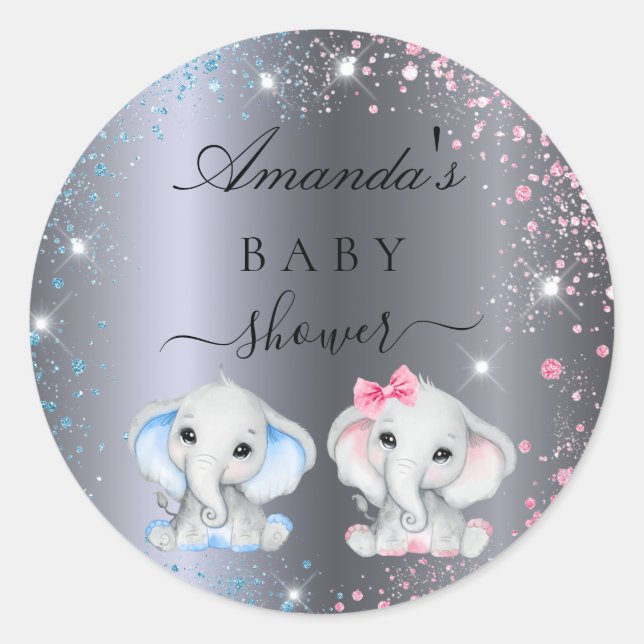 Baby Shower boy girl baby elephants silver Classic Round Sticker (Front)