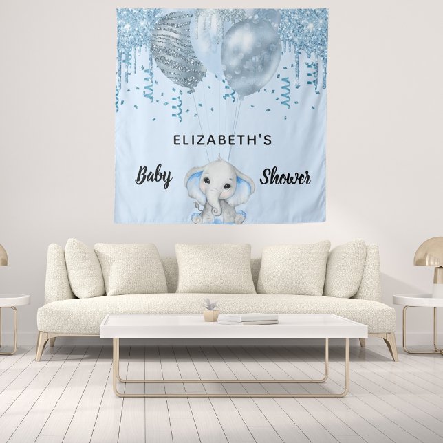 Baby Shower boy light blue glitter elephant silver Tapestry (Creator Uploaded)