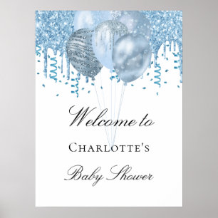 Baby Shower boy light blue white glitter balloons Poster
