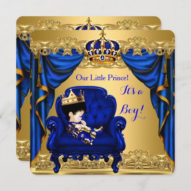 Baby Shower Boy Little Prince Royal Blue Golden 2 Invitation (Front/Back)