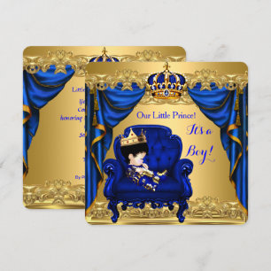 Baby Shower Boy Little Prince Royal Blue Golden 2 Invitation