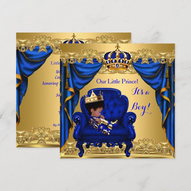 Baby Shower Boy Little Prince Royal Blue Golden Invitation (Front/Back)