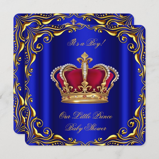 Baby Shower Boy Little Prince Royal Blue Red Gold Invitation (Front/Back)