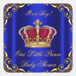Baby Shower Boy Little Prince Royal Blue Red Gold Square Sticker