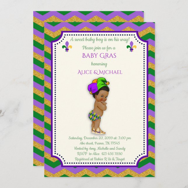 Baby Shower Boy, Mardi Gras Boy, gold, chevron Invitation (Front/Back)