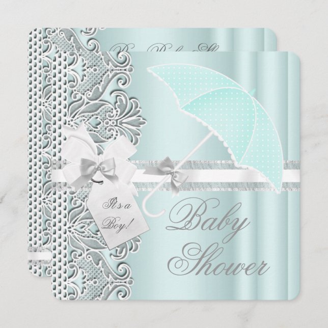 Baby Shower Boy Mint Blue Grey White Lace Invitation (Front/Back)