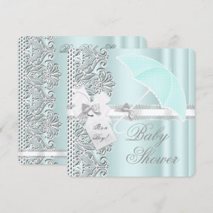 Baby Shower Boy Mint Blue Grey White Lace Invitation