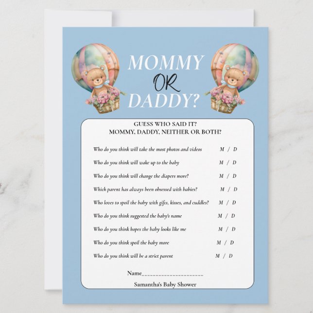 Baby Shower boy Mummy or Daddy  Hot Air Balloon Invitation (Front)