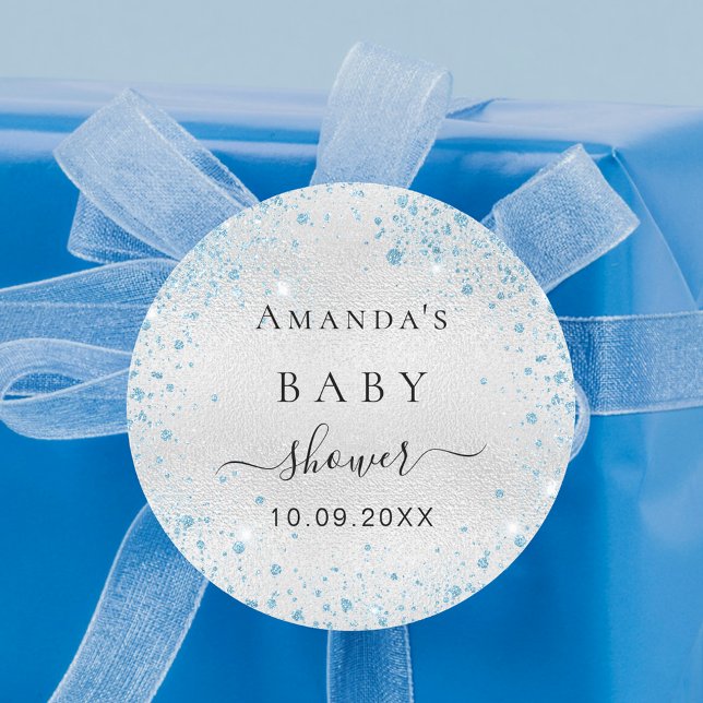 Baby shower boy silver blue glitter classic round sticker (Creator Uploaded)
