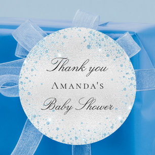 Baby shower boy silver blue glitter thank you classic round sticker