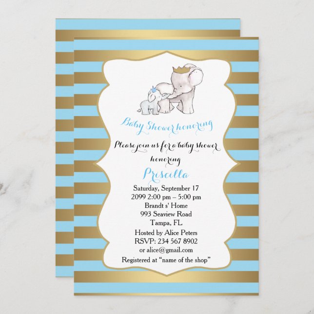 Baby Shower BOY, strip,blue,gold,,elephants Invitation (Front/Back)