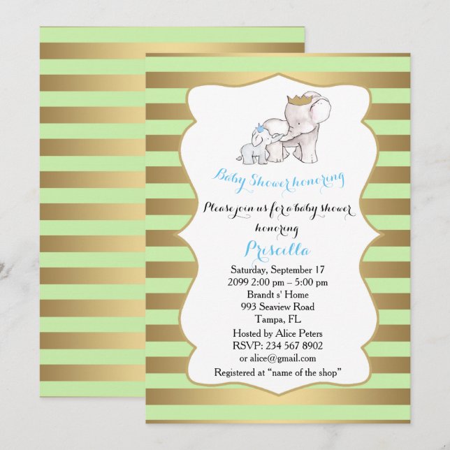 Baby Shower BOY, strip,mint,gold,,elephants Invitation (Front/Back)