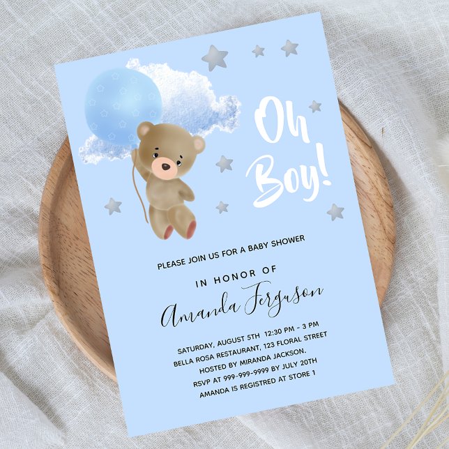 Baby shower boy teddy bear blue stars invitation postcard (Creator Uploaded)