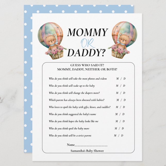 Baby Shower Boy Teddy Mummy Daddy Balloon Blue    Invitation (Front/Back)