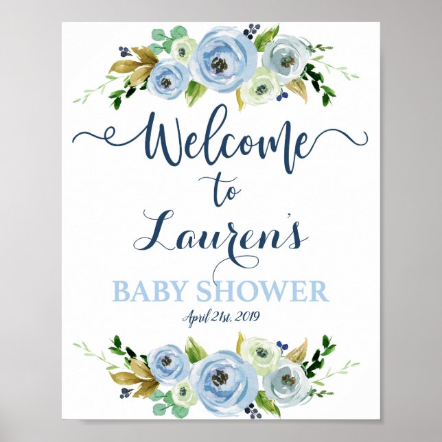 Baby shower boy welcome sign, floral blue poster (Front)
