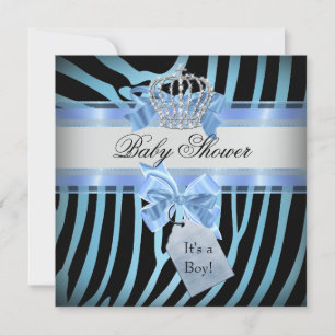 Baby Shower Boy Zebra Blue Prince Crown Black Invitation