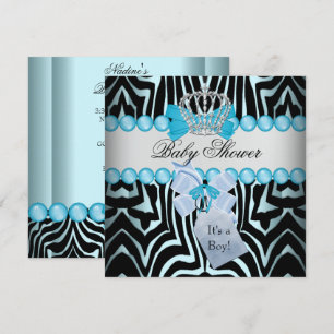 Baby Shower Boy Zebra Blue Prince Crown Black Invitation