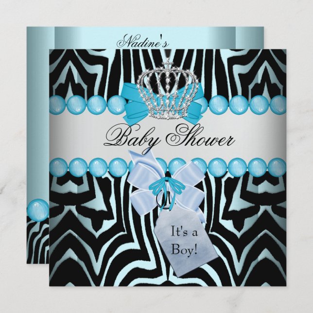 Baby Shower Boy Zebra Blue Prince Crown Black Invitation (Front/Back)