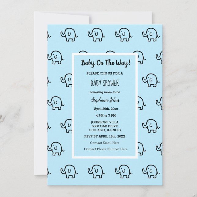 Baby Shower Boys Girls Elephant Patterns Blue Cute Invitation (Front)