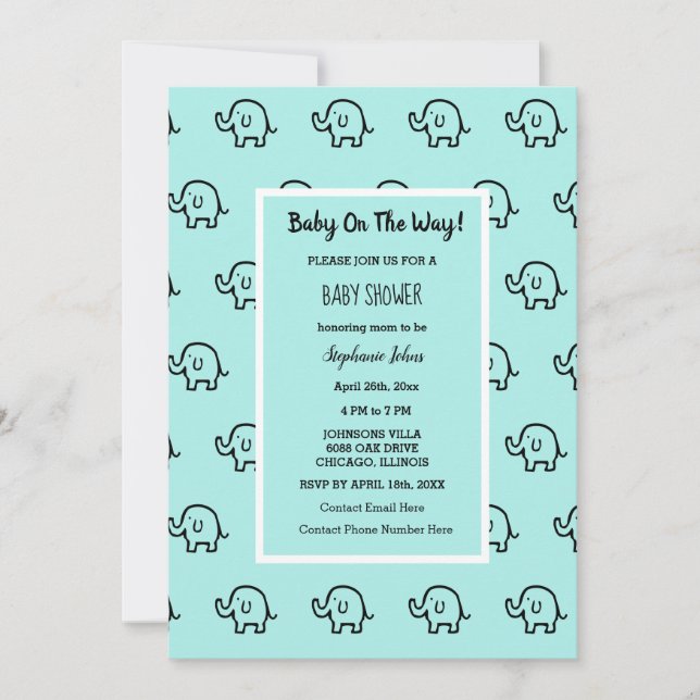Baby Shower Boys Girls Elephant Patterns Cute Teal Invitation (Front)