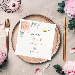 Baby Shower bumble bee pink floral greenery girl Napkin
