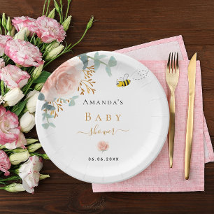 Baby Shower bumble bee pink floral greenery girl Paper Plate