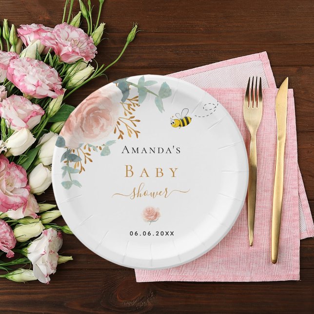 Baby Shower bumble bee pink floral greenery girl Paper Plate (Creator Uploaded)
