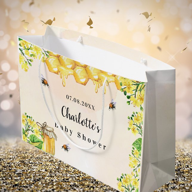 Baby Shower bumble bees honey yellow florals name Large Gift Bag (Creator Uploaded)