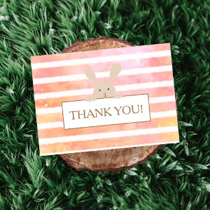 Baby Shower Bunny Coral Stripe Thank You Card