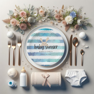 Baby Shower Bunny Rabbit Blue White Stripe Paper Plate