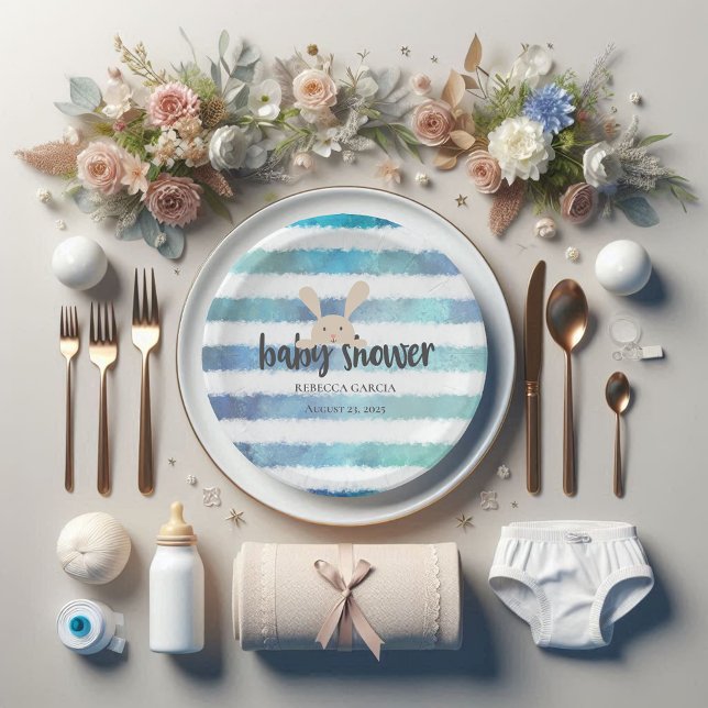 Baby Shower Bunny Rabbit Blue White Stripe Paper Plate (Creator Uploaded)