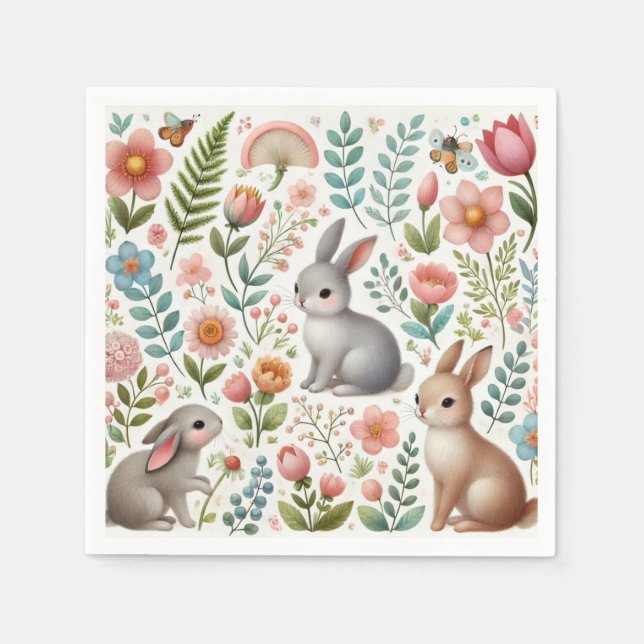 Baby Shower  Bunny Rabbits and Flowers Napkin (Front)