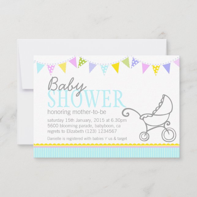 Baby shower bunting pram stroller aqua invite (Front)
