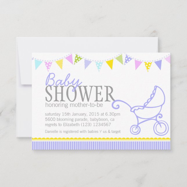 Baby shower bunting pram stroller purple invite (Front)