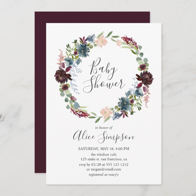 Baby Shower Burgundy and Blue Handwritten Font Invitation (Front/Back)